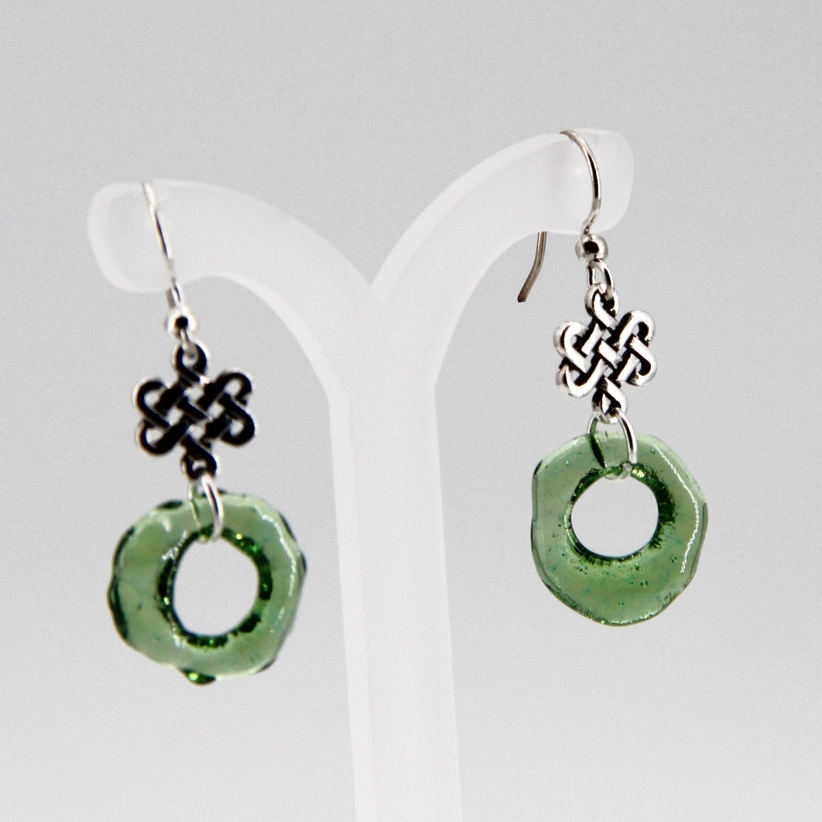 Green Glass Earrings with Silver Celtic Eternity Symbol