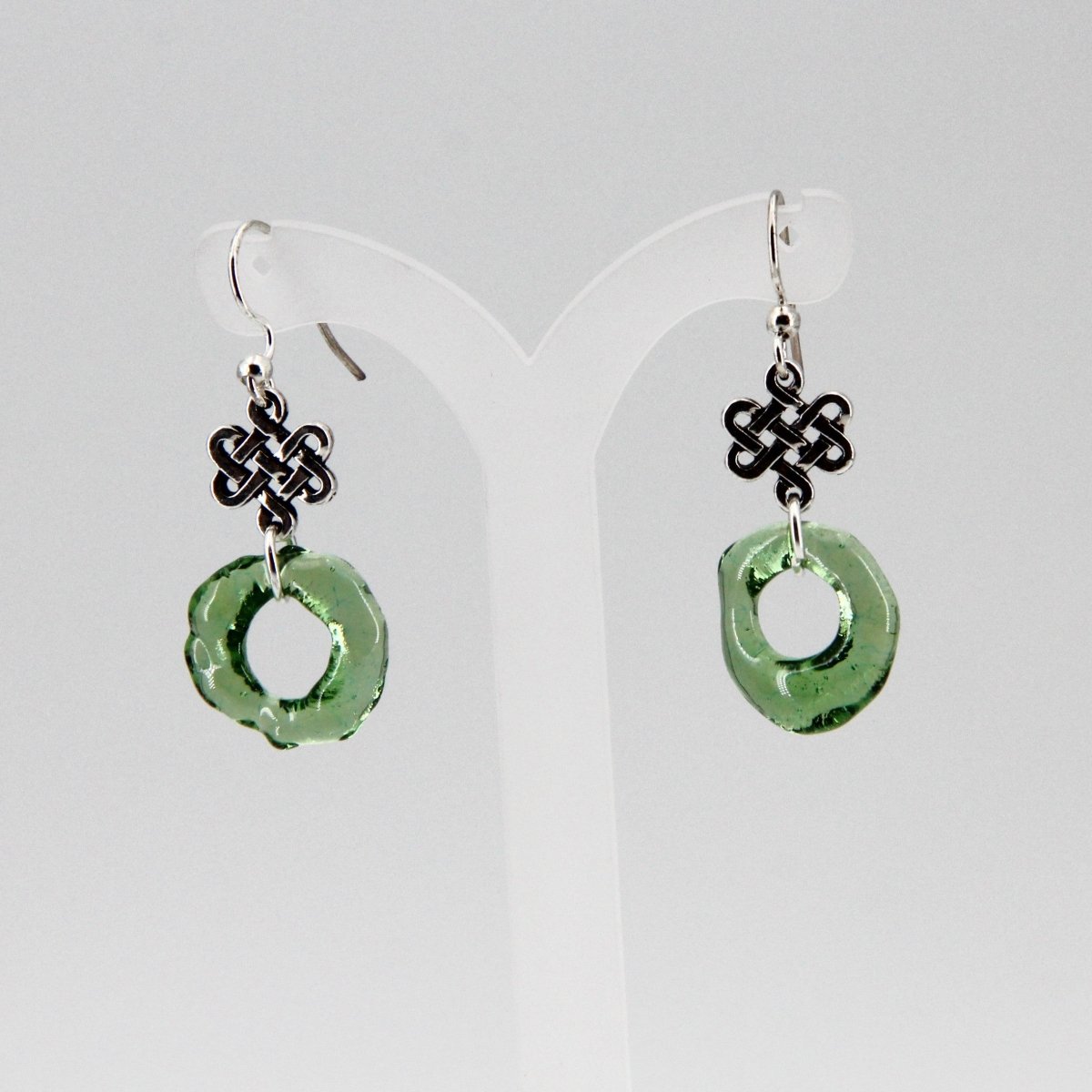 Green Glass Earrings with Silver Celtic Eternity Symbol