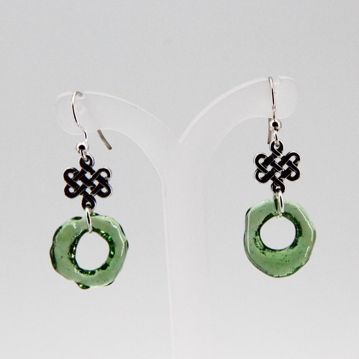 Green Glass Earrings with Silver Celtic Eternity Symbol