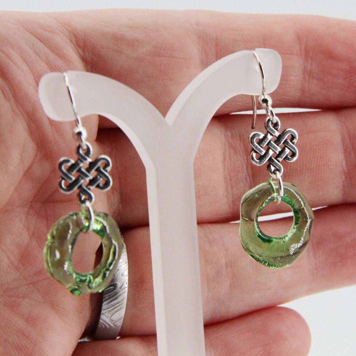 Green Glass Earrings with Silver Celtic Eternity Symbol