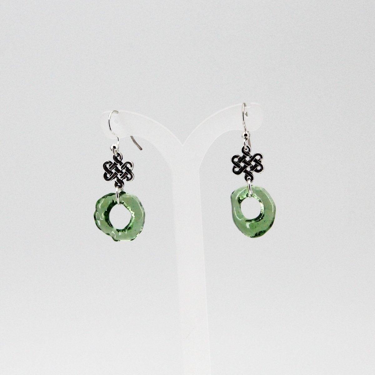 Green Glass Earrings with Silver Celtic Eternity Symbol
