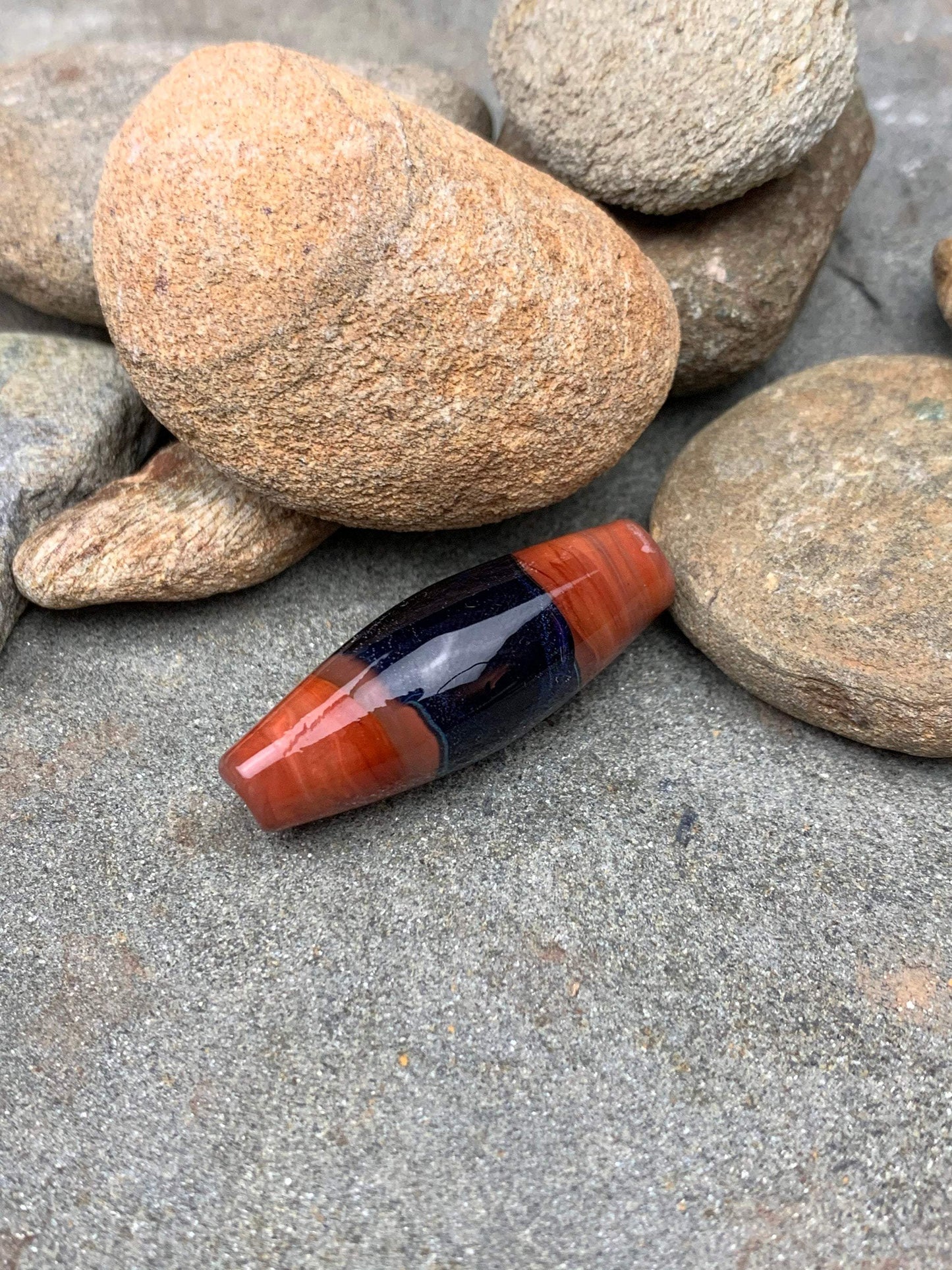 Coral Red and Navy Blue Swirled Bead - Handmade Glass Lampwork Focal Bead, Glass Bead for Jewelry, Statement Bead for Pendant