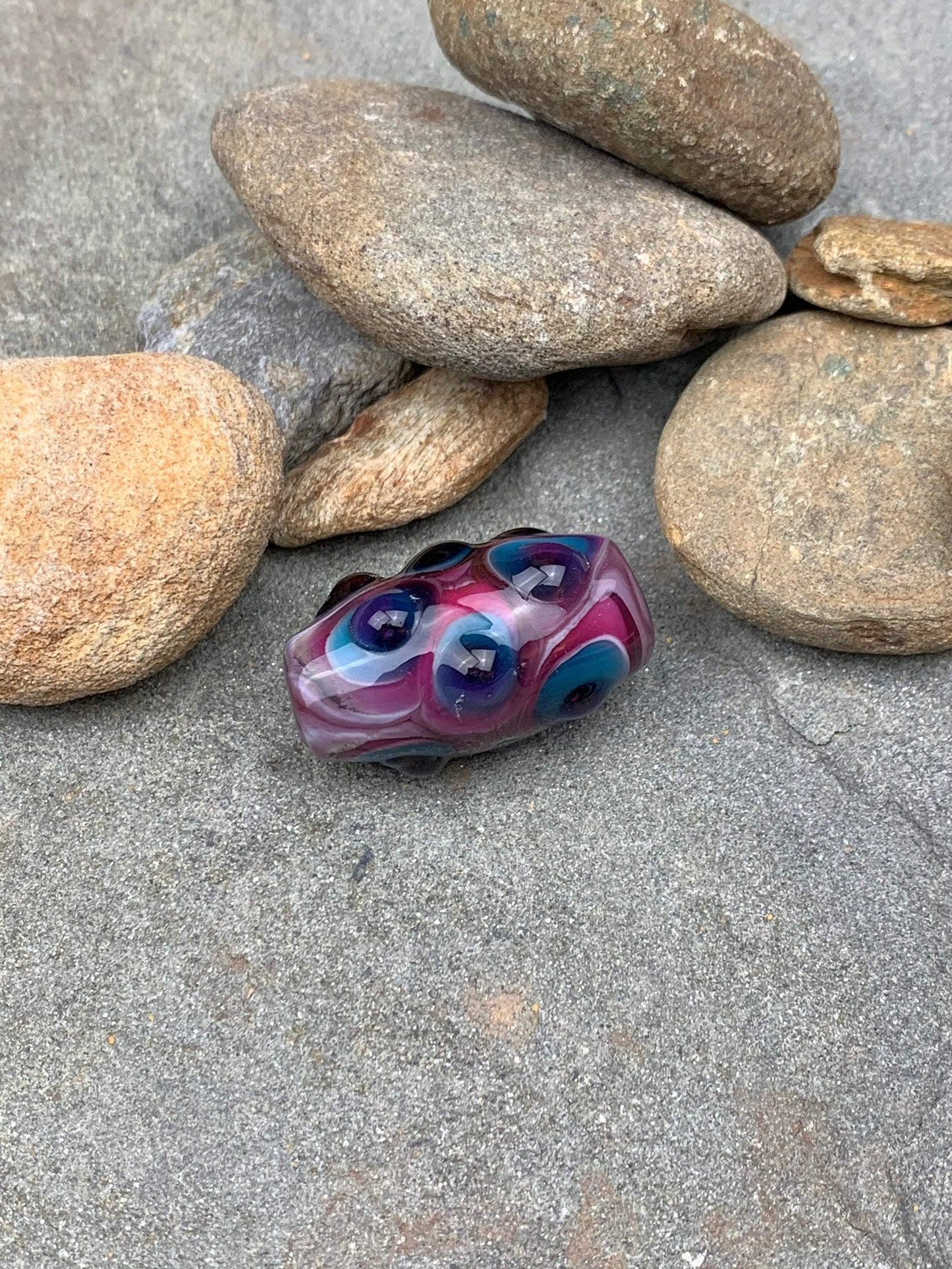 Handmade Glass Lampwork Focal Bead | Blue and Purple Dots on Pink | One of a Kind Art Glass | Statement Bead for Pendant