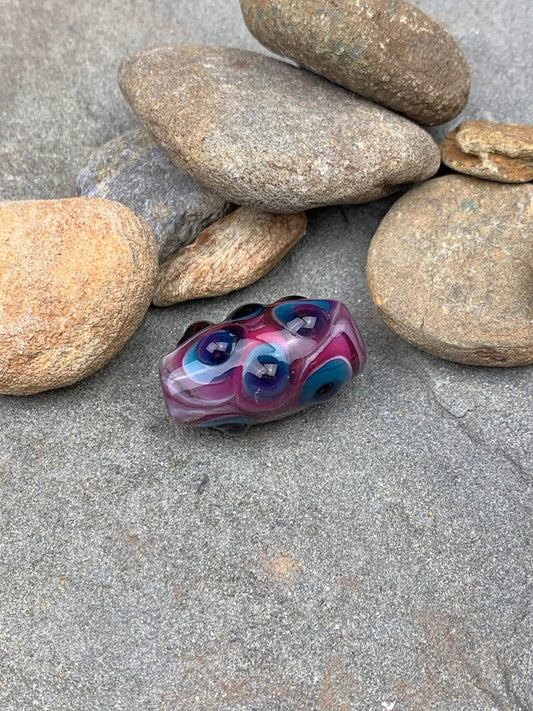 Handmade Glass Lampwork Focal Bead | Blue and Purple Dots on Pink | One of a Kind Art Glass | Statement Bead for Pendant
