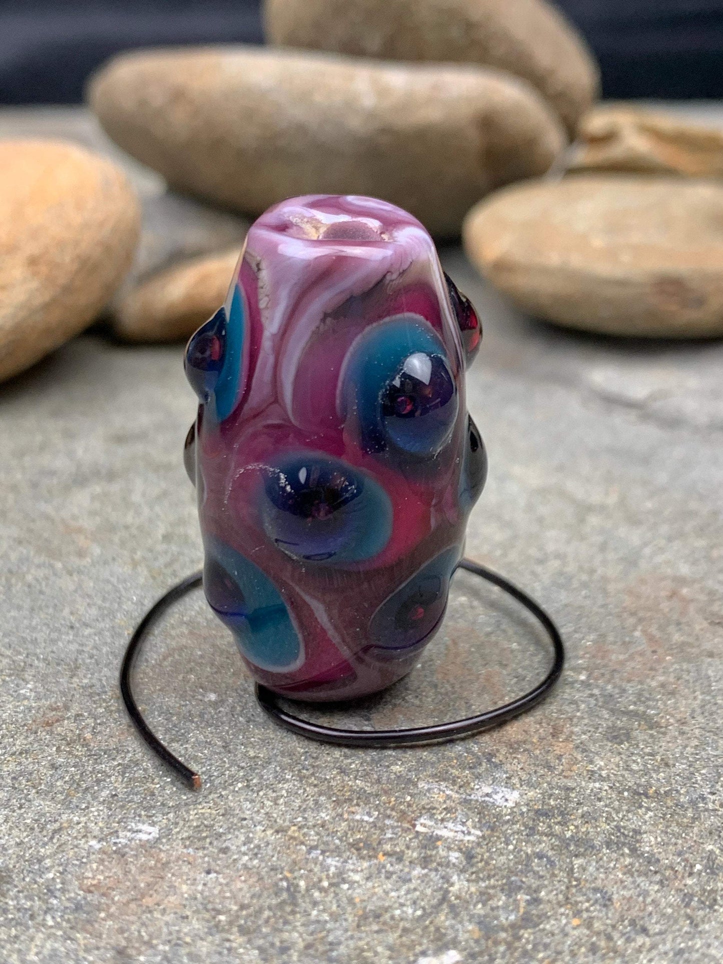 Handmade Glass Lampwork Focal Bead | Blue and Purple Dots on Pink | One of a Kind Art Glass | Statement Bead for Pendant