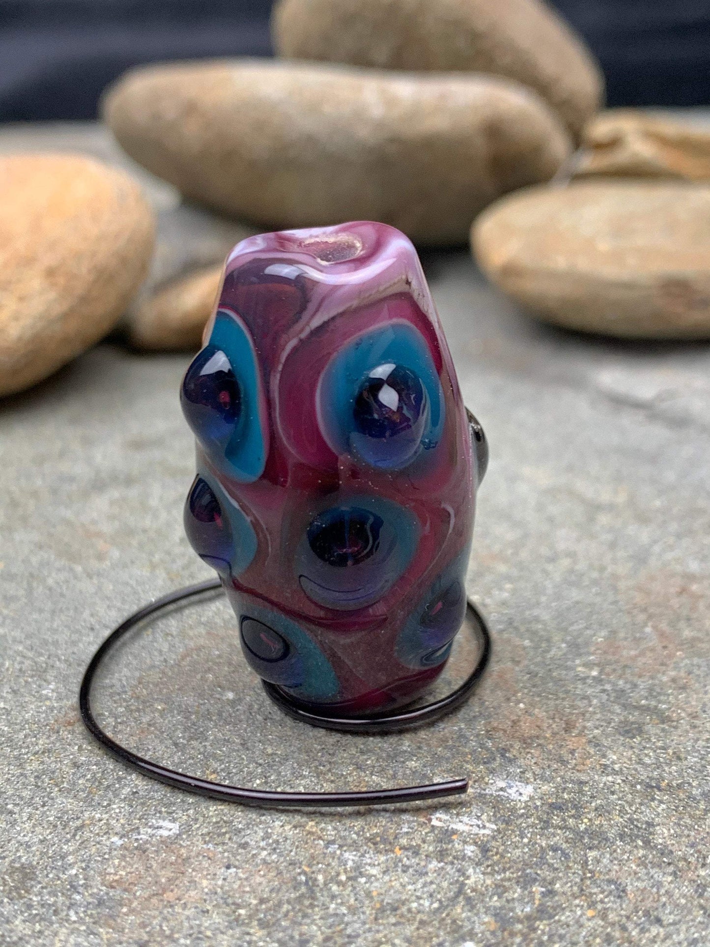 Handmade Glass Lampwork Focal Bead | Blue and Purple Dots on Pink | One of a Kind Art Glass | Statement Bead for Pendant