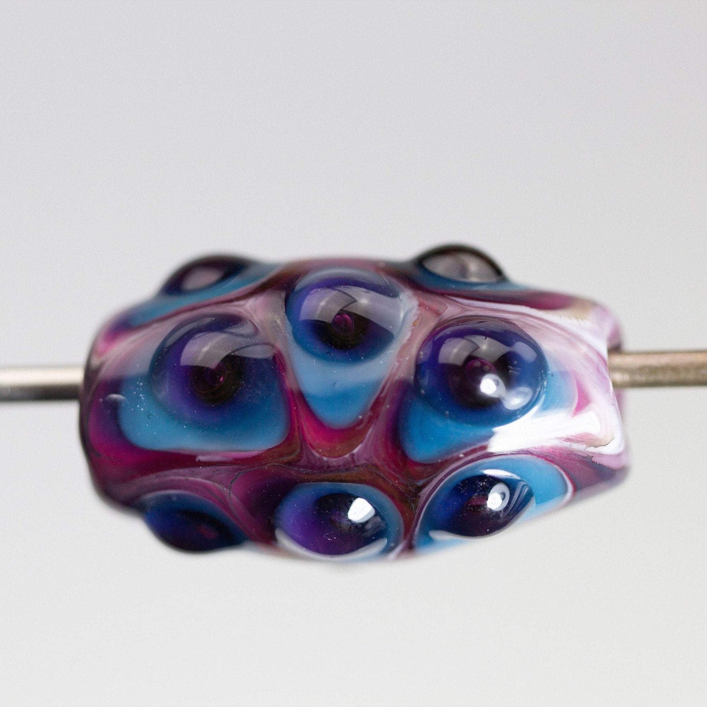 Handmade Glass Lampwork Focal Bead | Blue and Purple Dots on Pink | One of a Kind Art Glass | Statement Bead for Pendant