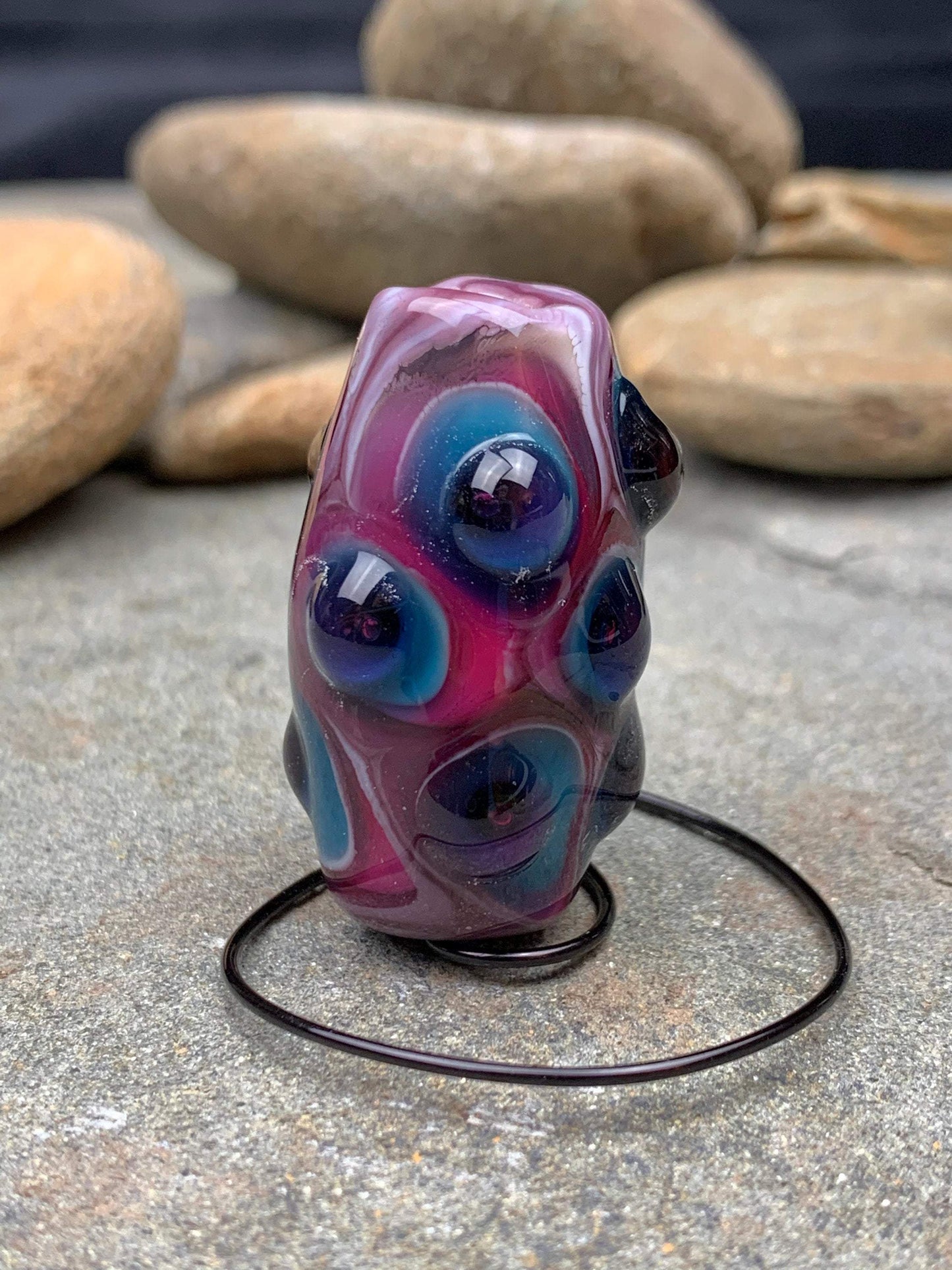 Handmade Glass Lampwork Focal Bead | Blue and Purple Dots on Pink | One of a Kind Art Glass | Statement Bead for Pendant