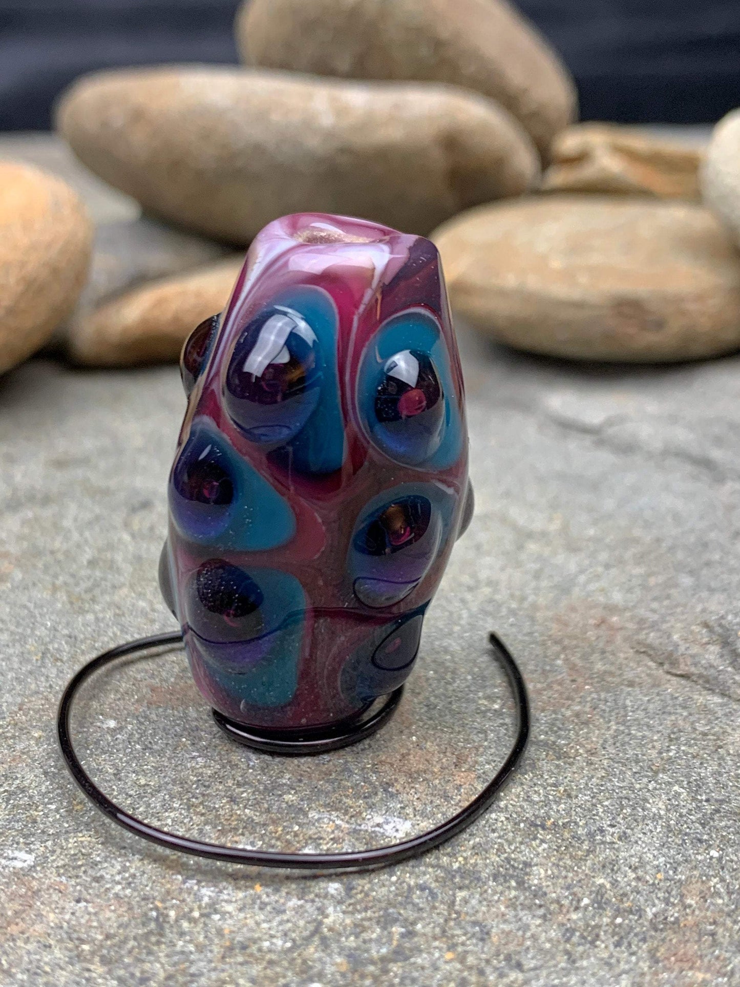 Handmade Glass Lampwork Focal Bead | Blue and Purple Dots on Pink | One of a Kind Art Glass | Statement Bead for Pendant