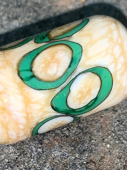 Handmade Glass Lampwork Focal Bead | Ivory Bead with Green Dots | One of a Kind Art Glass | Statement Bead for Pendant