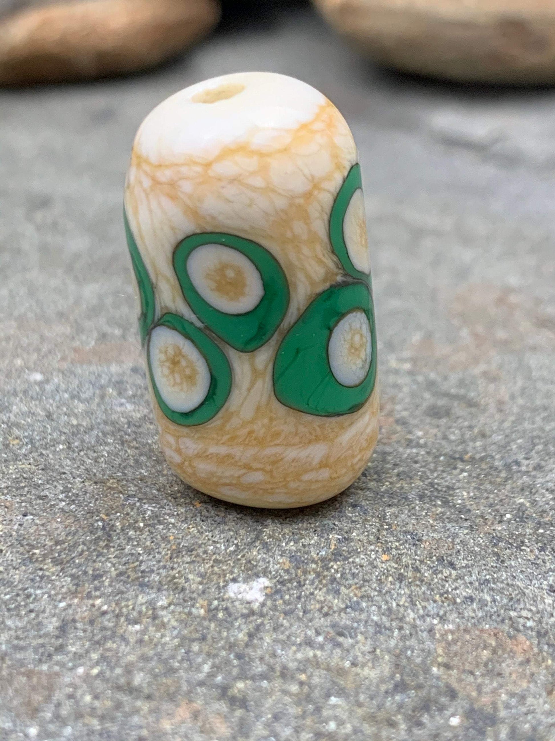 Handmade Glass Lampwork Focal Bead | Ivory Bead with Green Dots | One of a Kind Art Glass | Statement Bead for Pendant