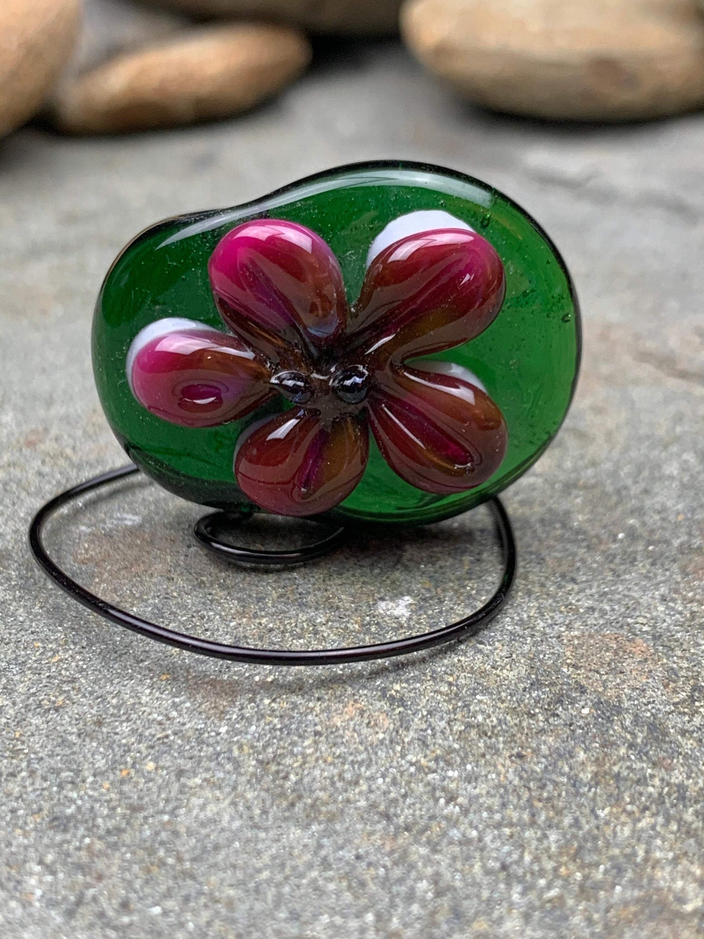 Handmade Glass Lampwork Focal Bead | Pink Flower on Green Background | One of a Kind Art Glass | Statement Bead for Pendant