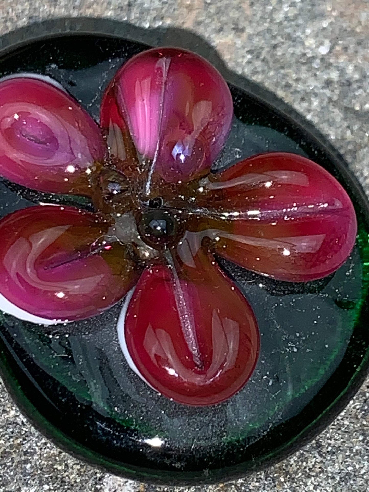 Handmade Glass Lampwork Focal Bead | Pink Flower on Green Background | One of a Kind Art Glass | Statement Bead for Pendant