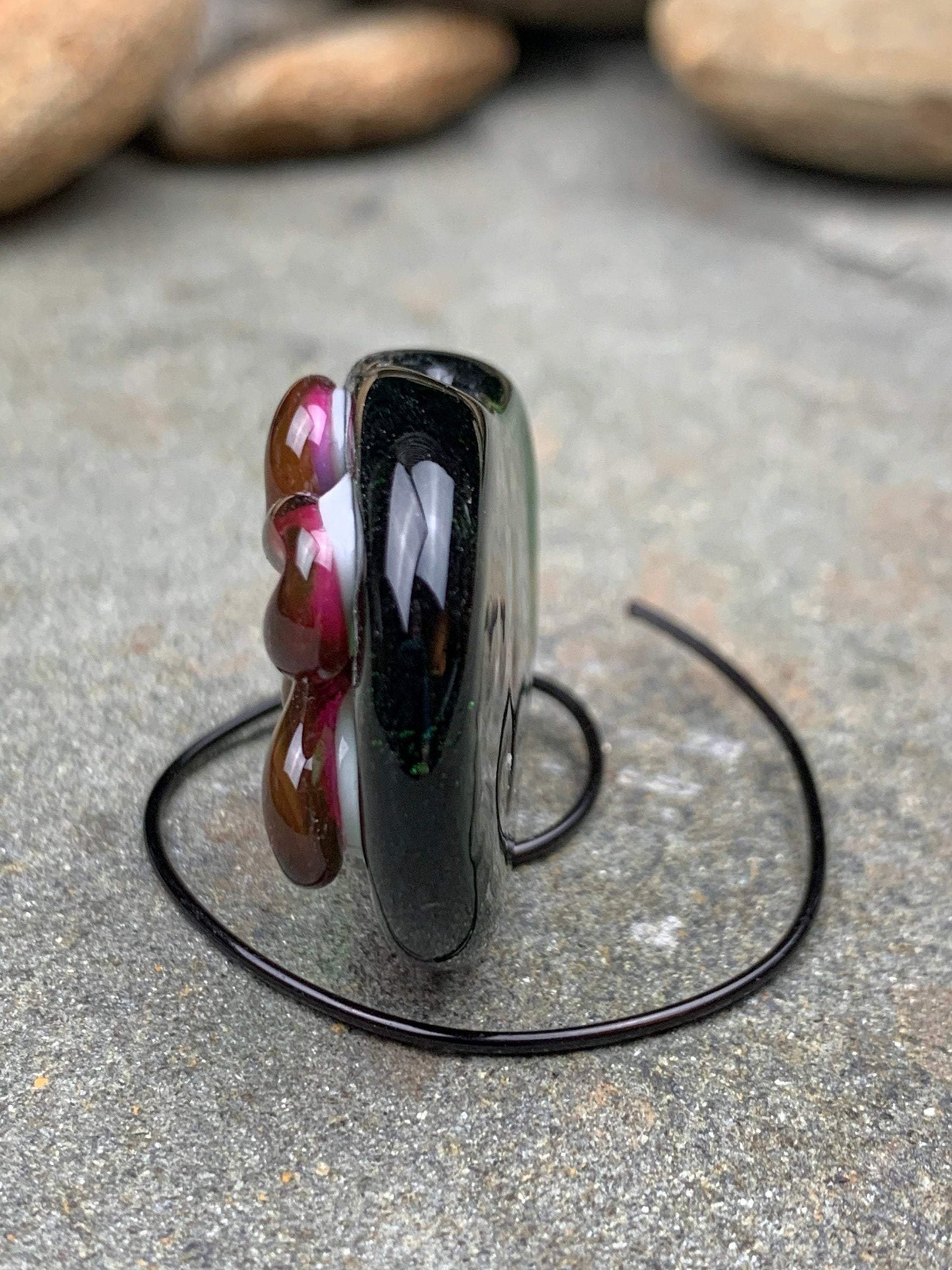 Handmade Glass Lampwork Focal Bead | Pink Flower on Green Background | One of a Kind Art Glass | Statement Bead for Pendant