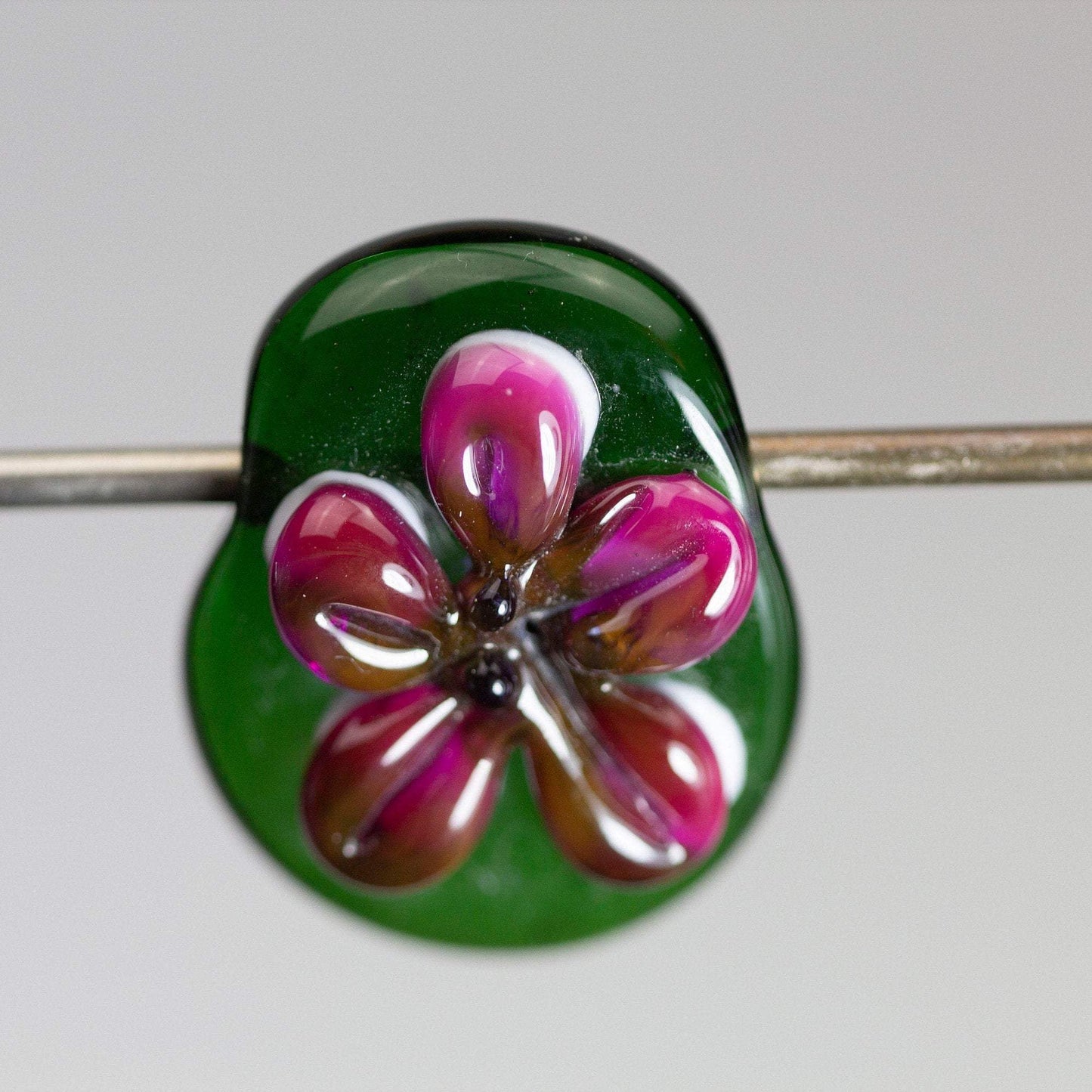 Handmade Glass Lampwork Focal Bead | Pink Flower on Green Background | One of a Kind Art Glass | Statement Bead for Pendant