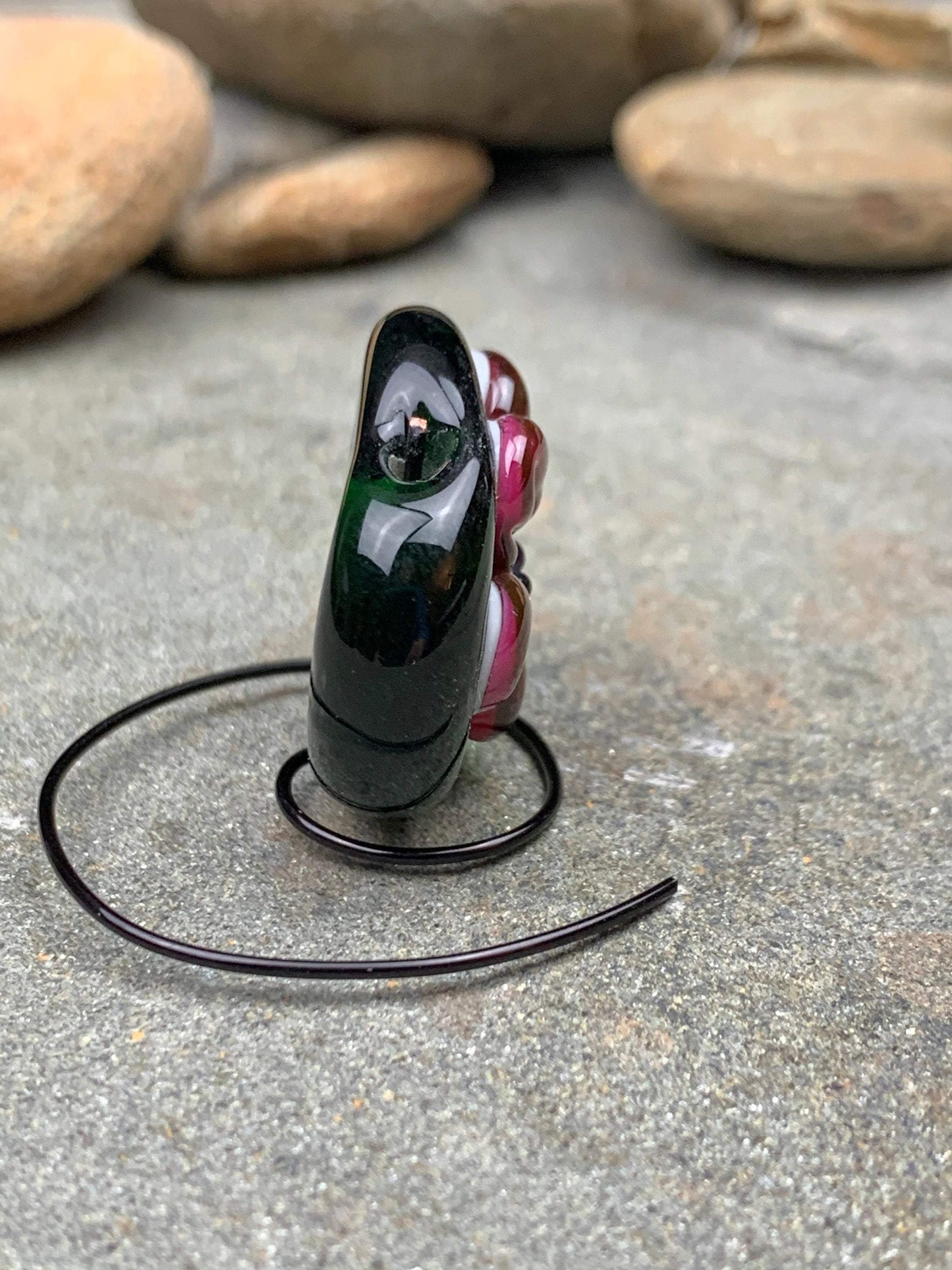Handmade Glass Lampwork Focal Bead | Pink Flower on Green Background | One of a Kind Art Glass | Statement Bead for Pendant