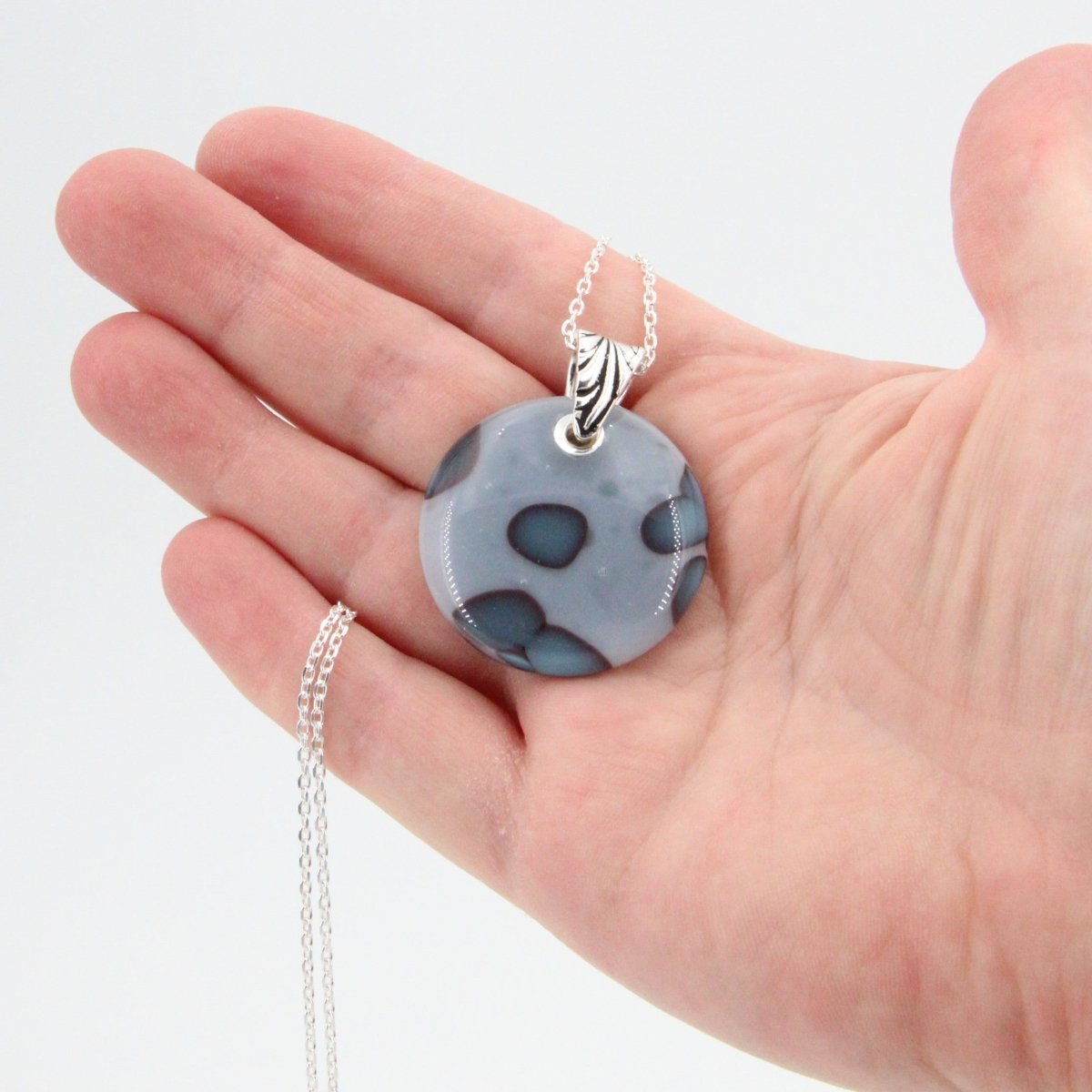 Handmade Gray and Turquoise Blue Glass Pendant on a Silver Chain