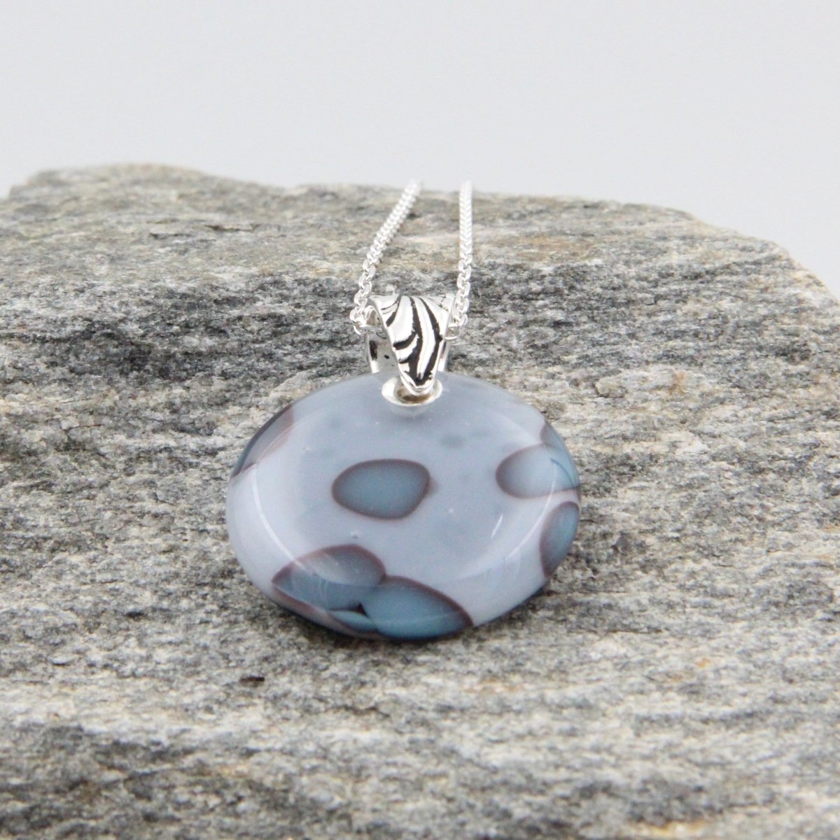 Handmade Gray and Turquoise Blue Glass Pendant on a Silver Chain