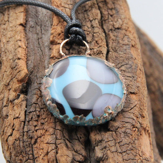 Handmade Turquoise, Black, and Gray Glass Pendant on a Black Cord