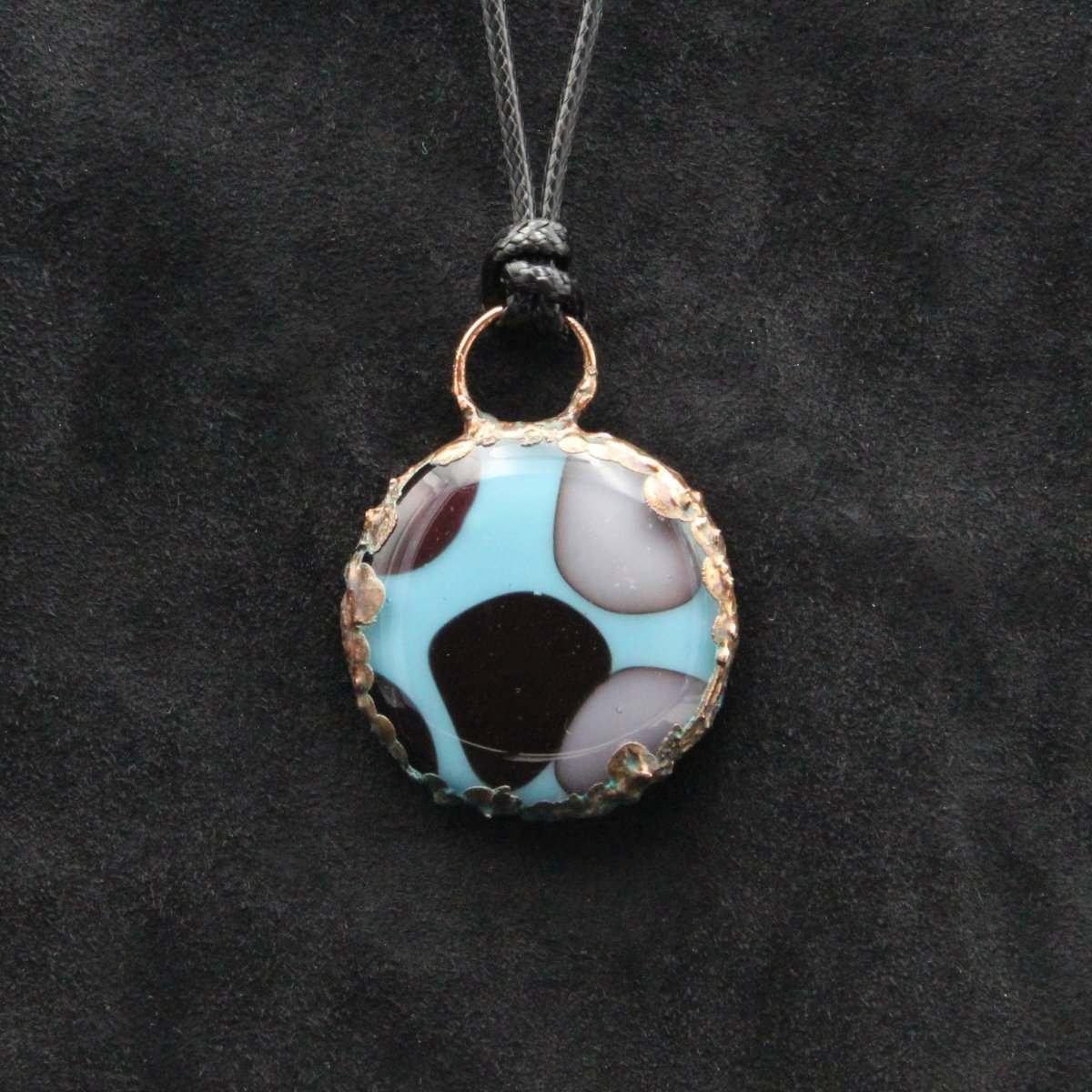 Handmade Turquoise, Black, and Gray Glass Pendant on a Black Cord
