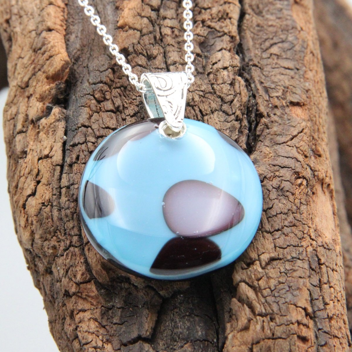 Handmade Turquoise, Black, and Gray Glass Pendant on a Silver Chain