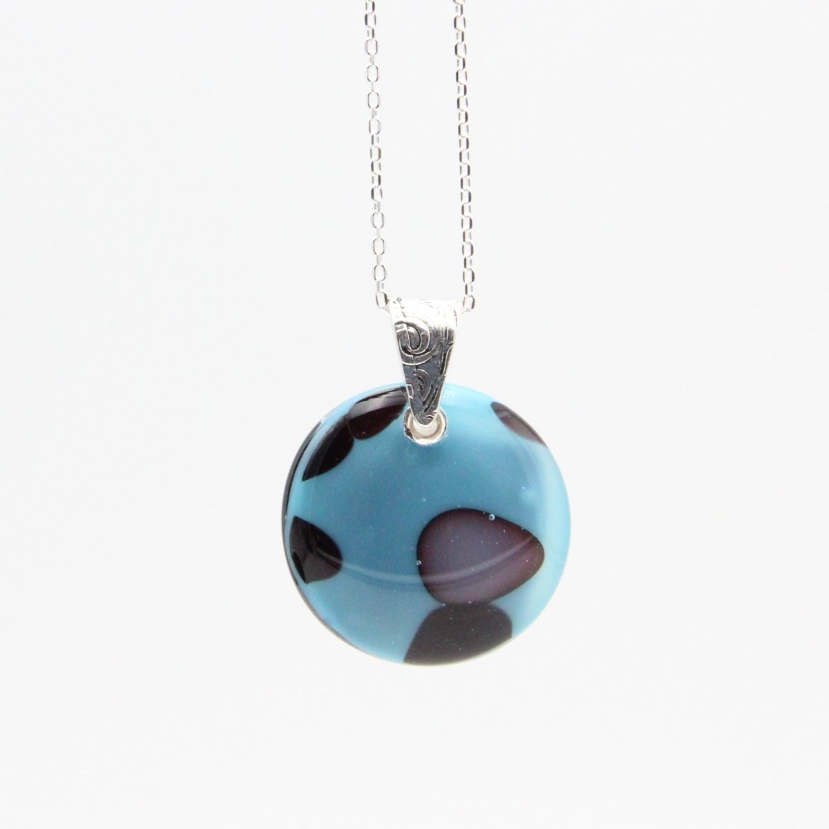 Handmade Turquoise, Black, and Gray Glass Pendant on a Silver Chain