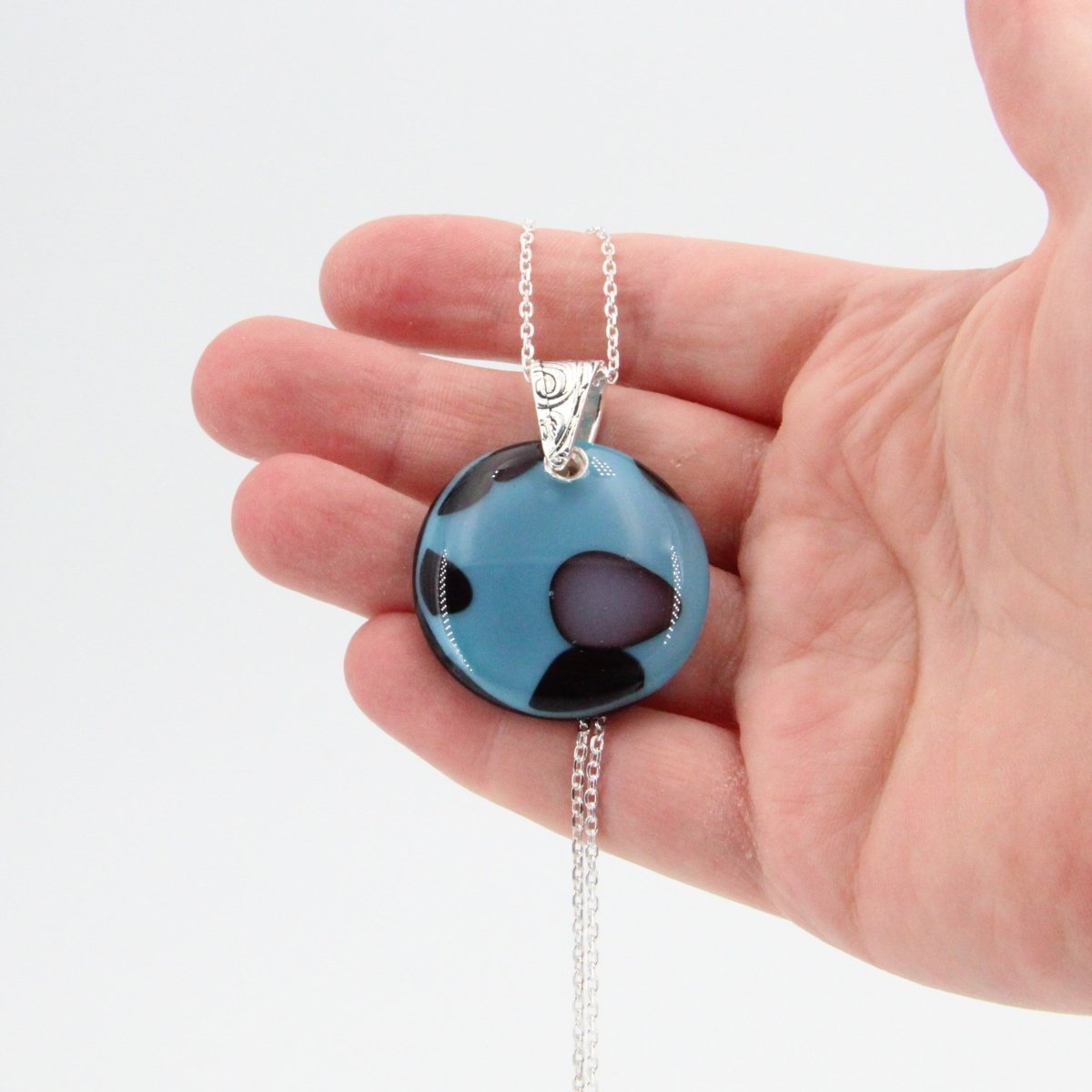 Handmade Turquoise, Black, and Gray Glass Pendant on a Silver Chain