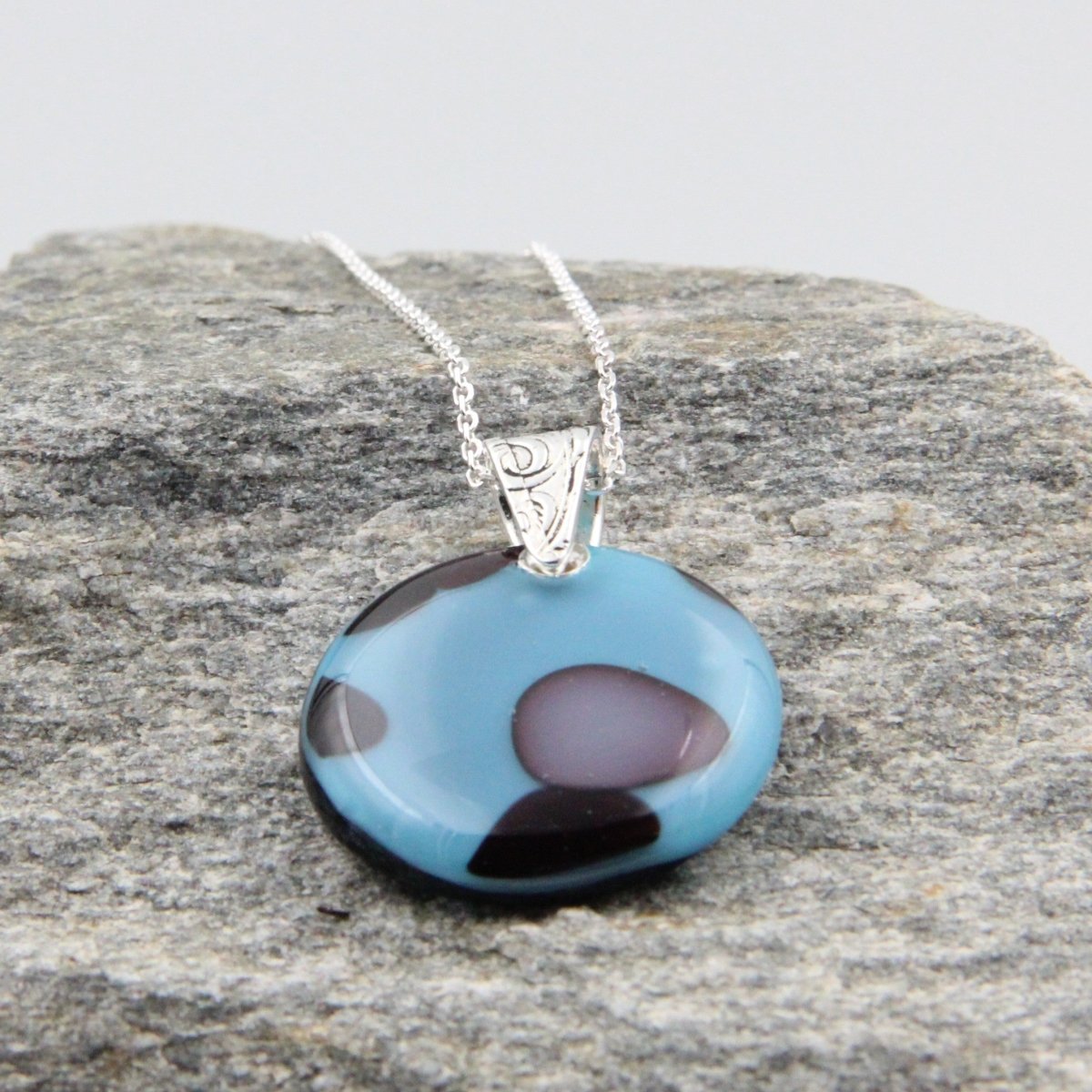 Handmade Turquoise, Black, and Gray Glass Pendant on a Silver Chain