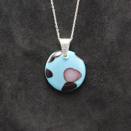 Handmade Turquoise, Black, and Gray Glass Pendant on a Silver Chain