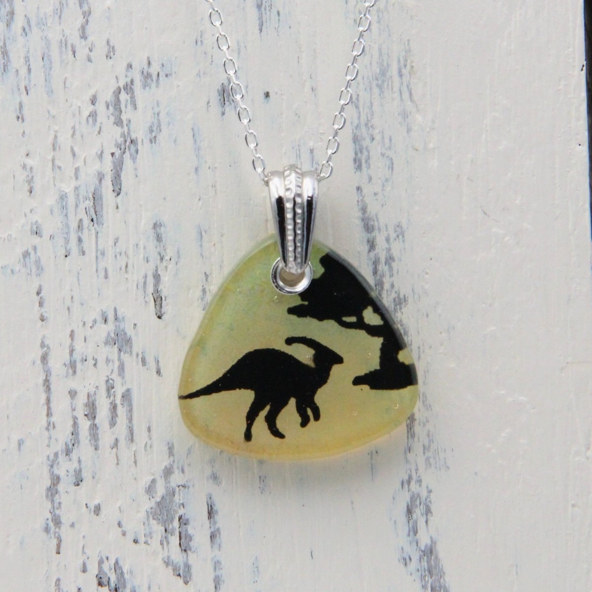 Pale Yellow Hadrosaur Parasaurolophus Glass Pendant on a Silver Chain