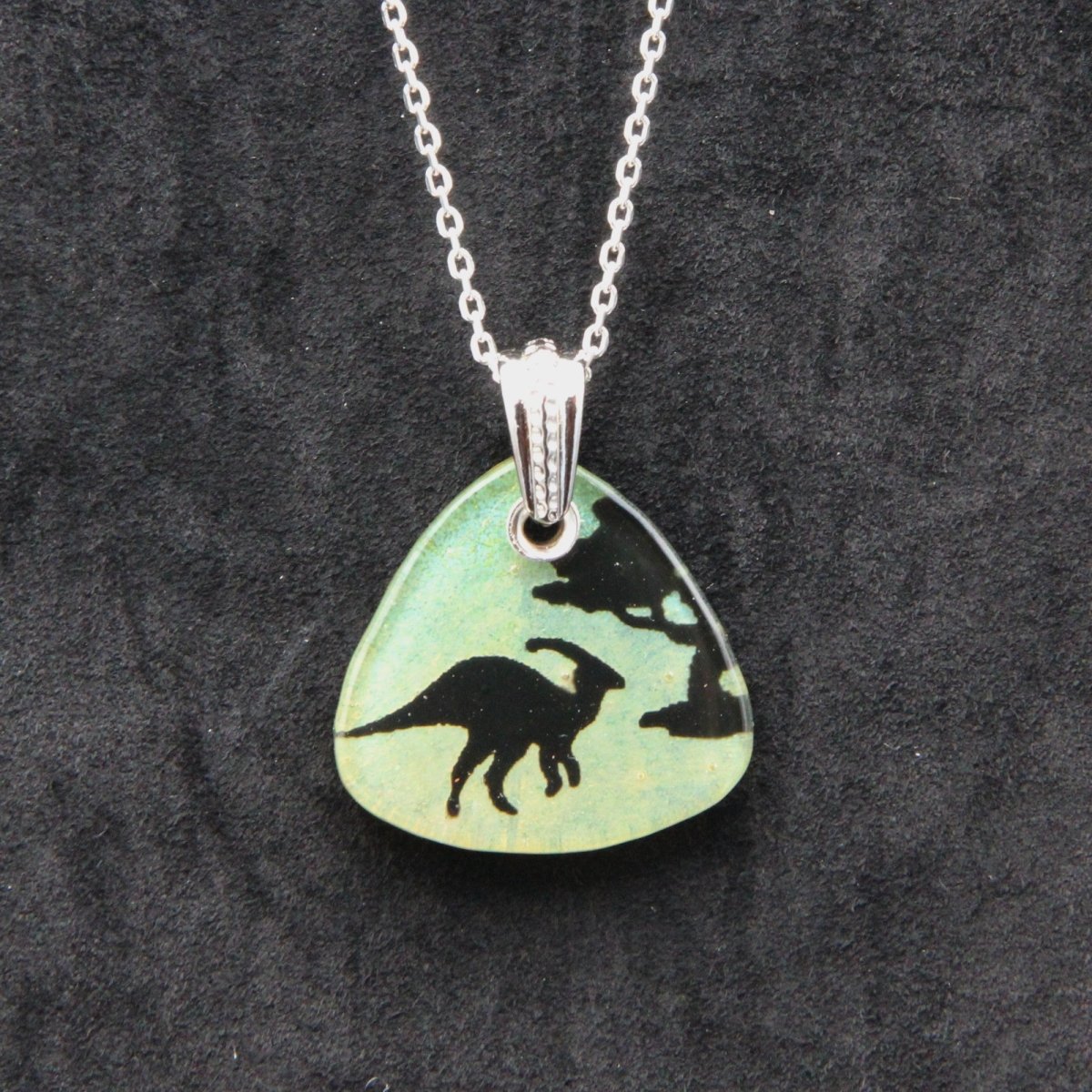Pale Yellow Hadrosaur Parasaurolophus Glass Pendant on a Silver Chain