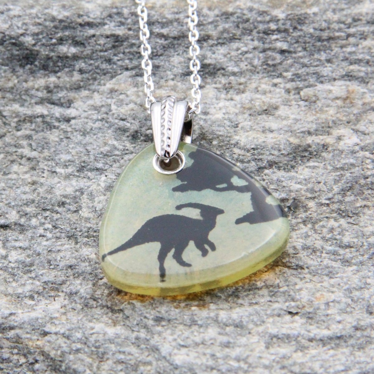 Pale Yellow Hadrosaur Parasaurolophus Glass Pendant on a Silver Chain