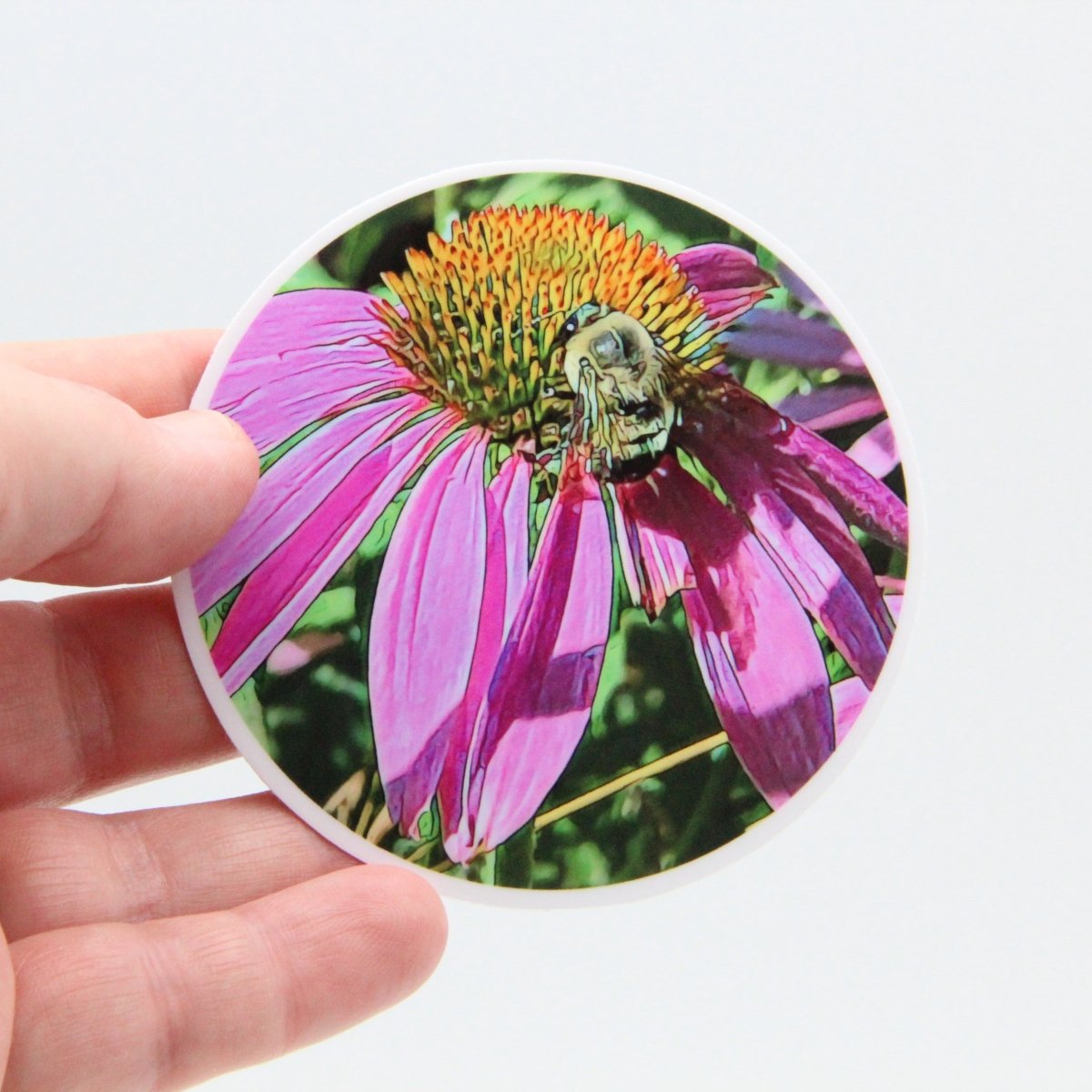 Pink Coneflower with Bee 3 inch Round Premium Vinyl Sticker