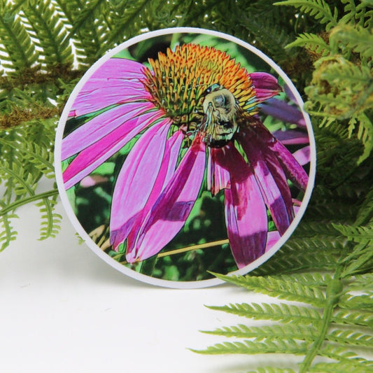 Pink Coneflower with Bee 3 inch Round Premium Vinyl Sticker