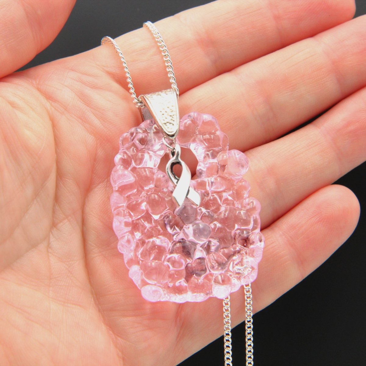 Pink Glass Pendant with Ribbon Charm on Silver Chain - Breast Cancer Awareness