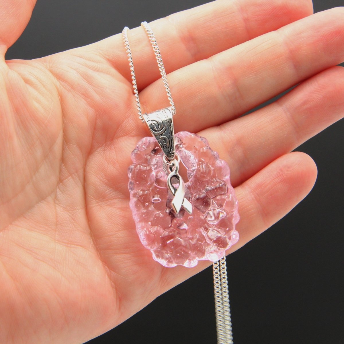 Pink Glass Pendant with Ribbon Charm on Silver Chain - Breast Cancer Awareness