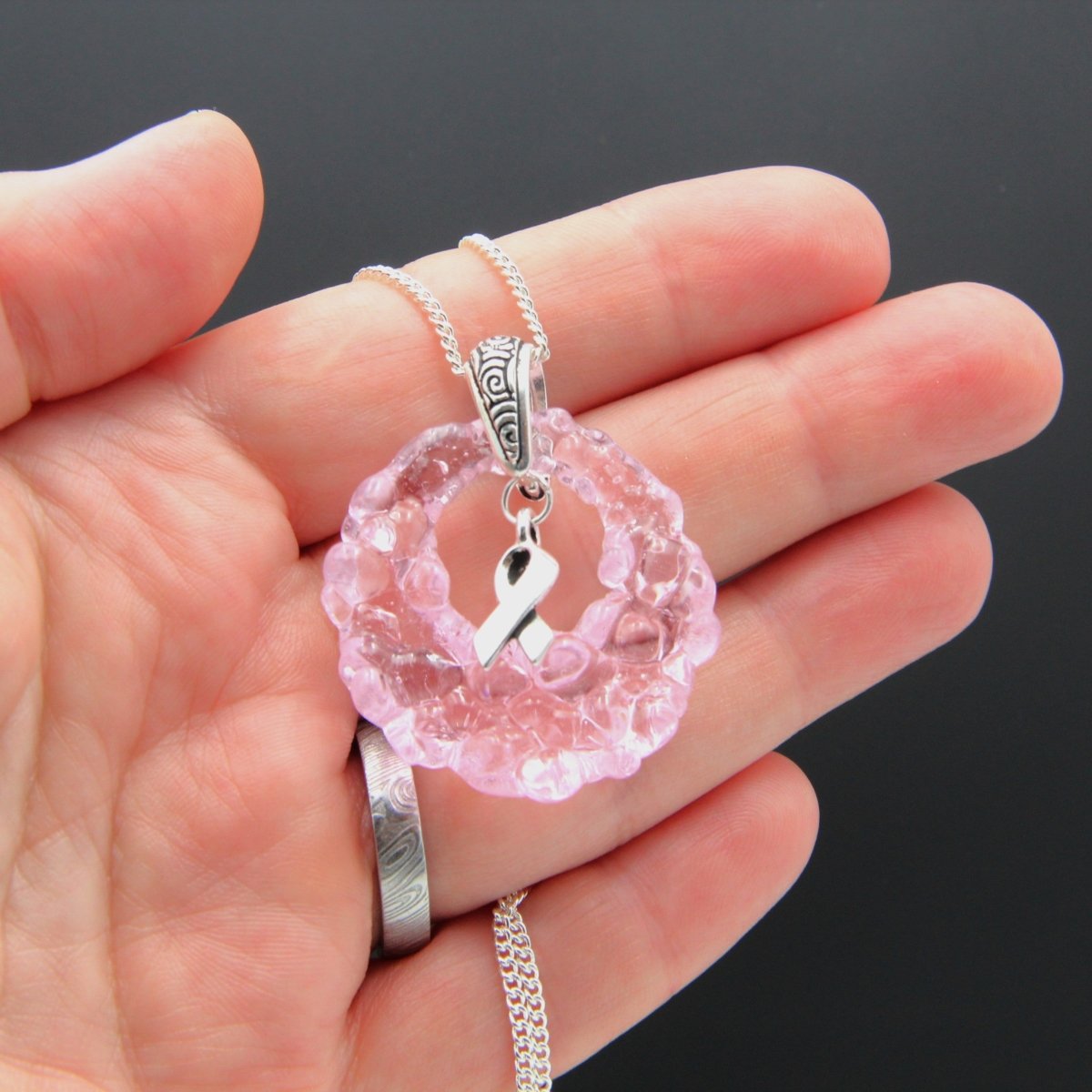 Pink Glass Pendant with Ribbon Charm on Silver Chain - Breast Cancer Awareness