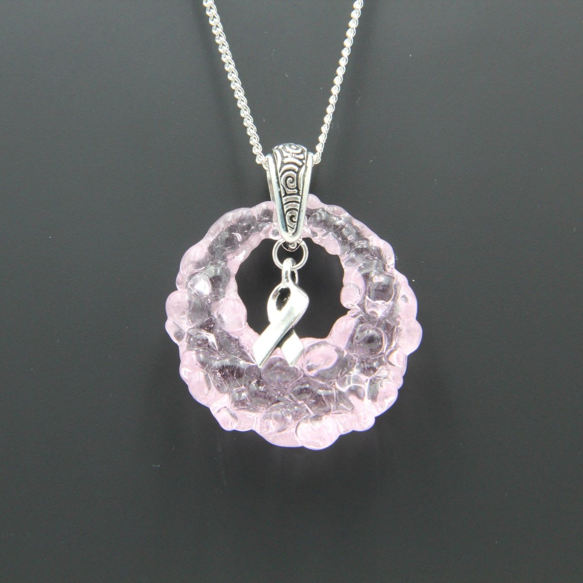 Pink Glass Pendant with Ribbon Charm on Silver Chain - Breast Cancer Awareness
