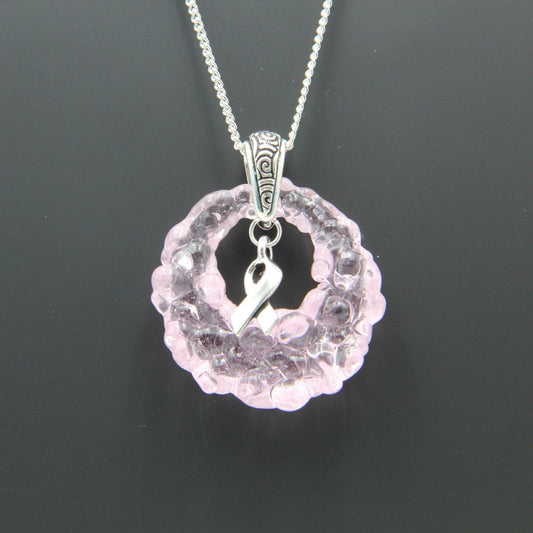 Pink Glass Pendant with Ribbon Charm on Silver Chain - Breast Cancer Awareness