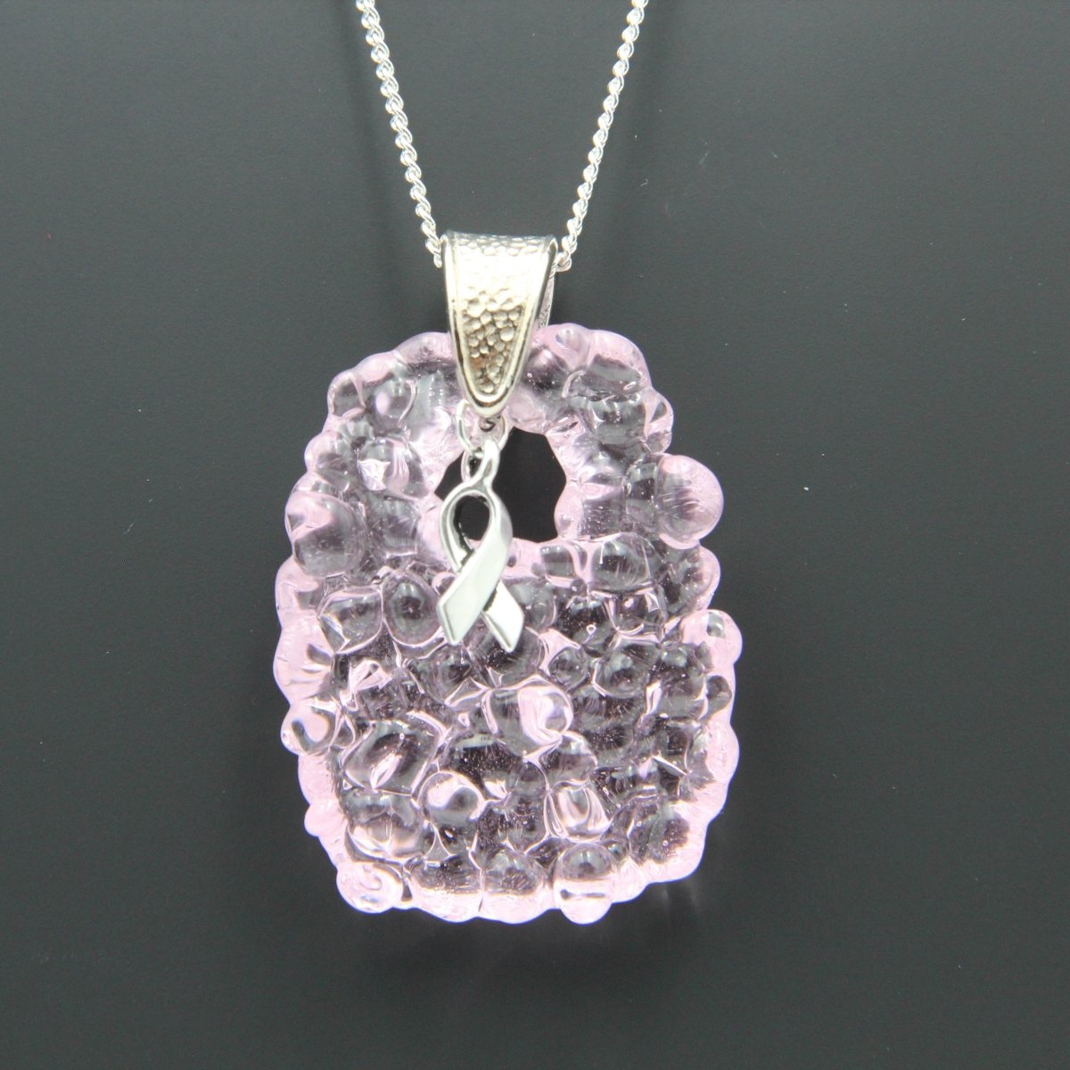 Pink Glass Pendant with Ribbon Charm on Silver Chain - Breast Cancer Awareness