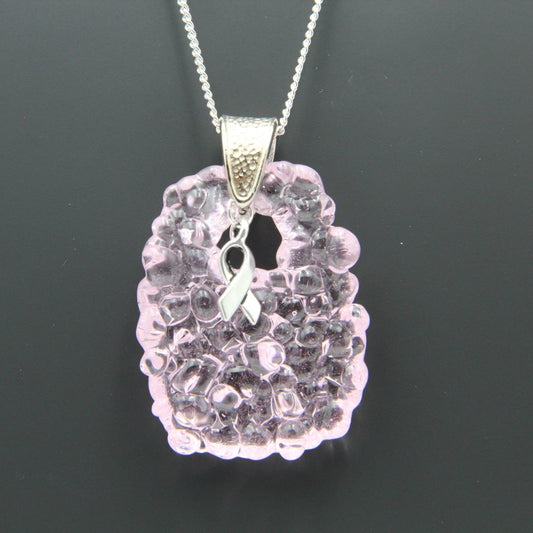 Pink Glass Pendant with Ribbon Charm on Silver Chain - Breast Cancer Awareness