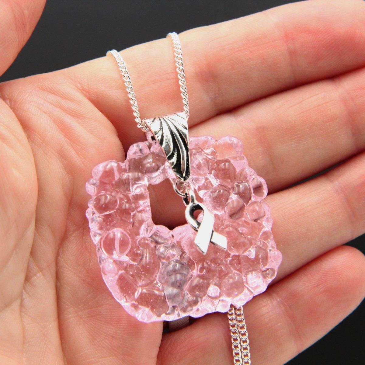 Pink Glass Pendant with Ribbon Charm on Silver Chain - Breast Cancer Awareness