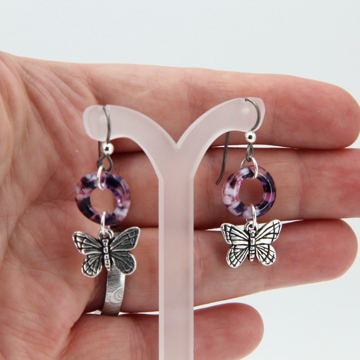 Purple Glass Earrings with Butterfly Charms