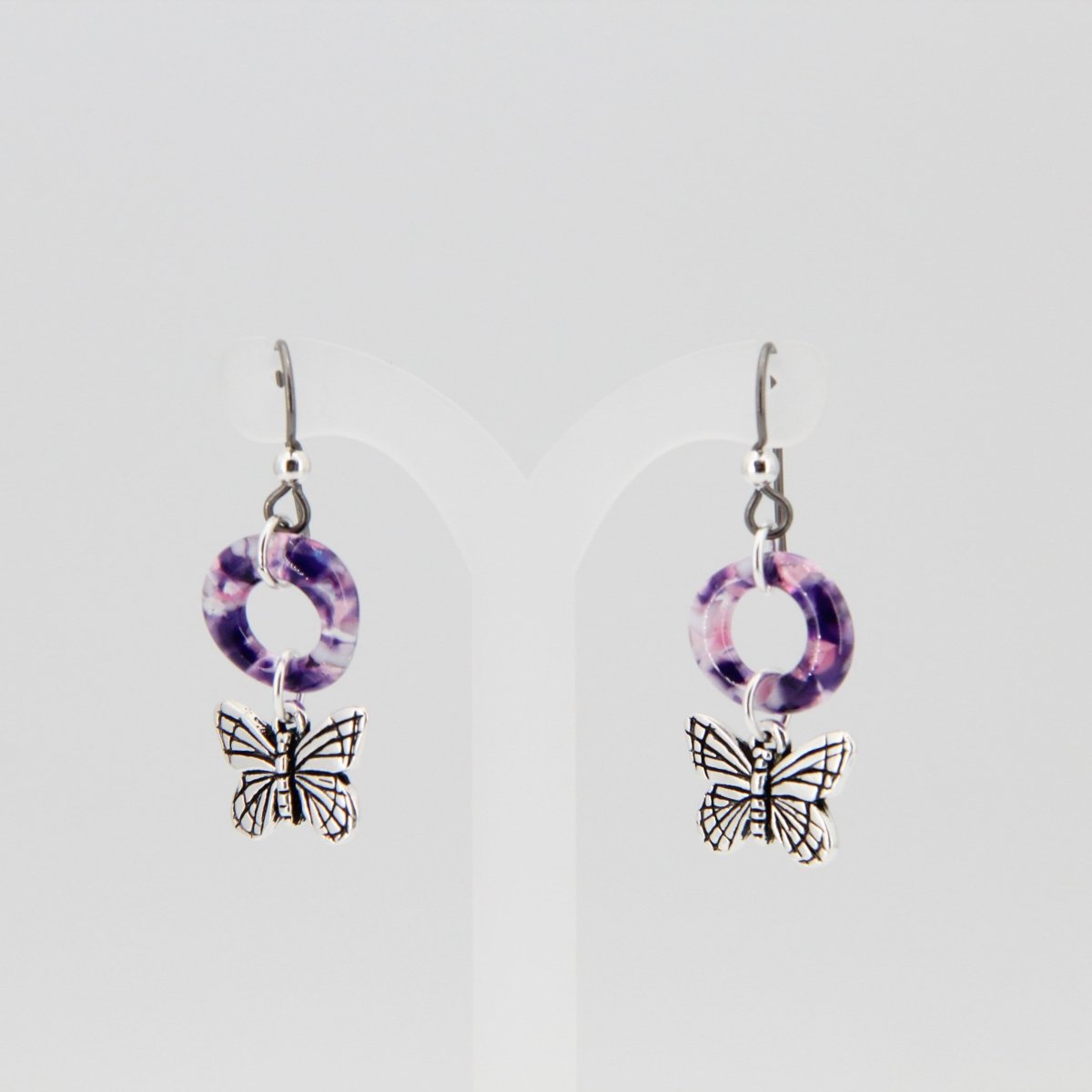 Purple Glass Earrings with Butterfly Charms