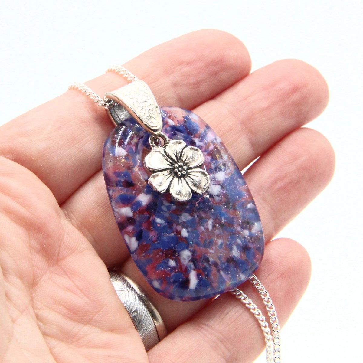 Purple Glass Pendant with Blossom Charm
