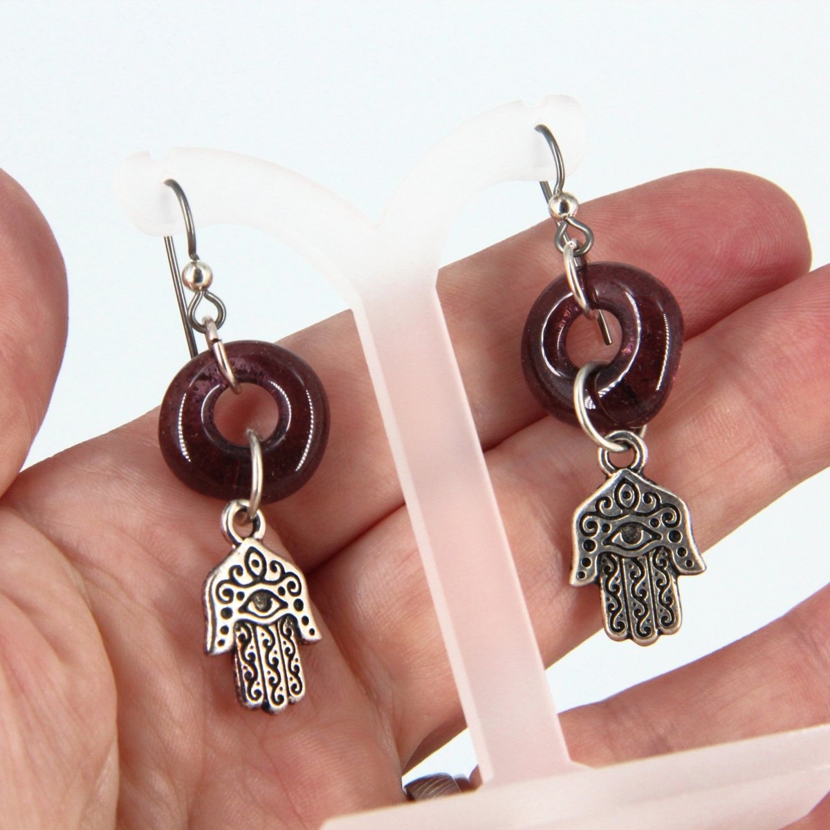 Purple Recycled Glass Earrings with Hamsa Hand Charm