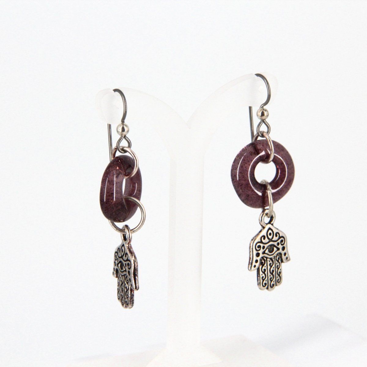 Purple Recycled Glass Earrings with Hamsa Hand Charm