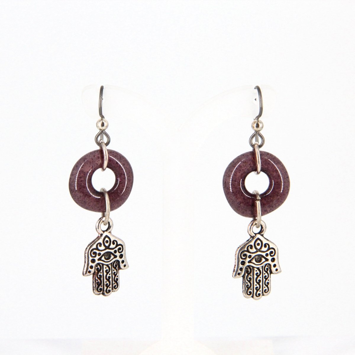 Purple Recycled Glass Earrings with Hamsa Hand Charm
