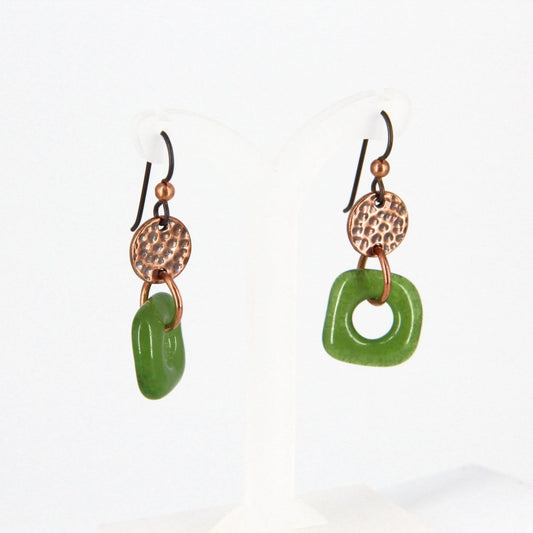 Recycled Green Glass and Copper Earrings