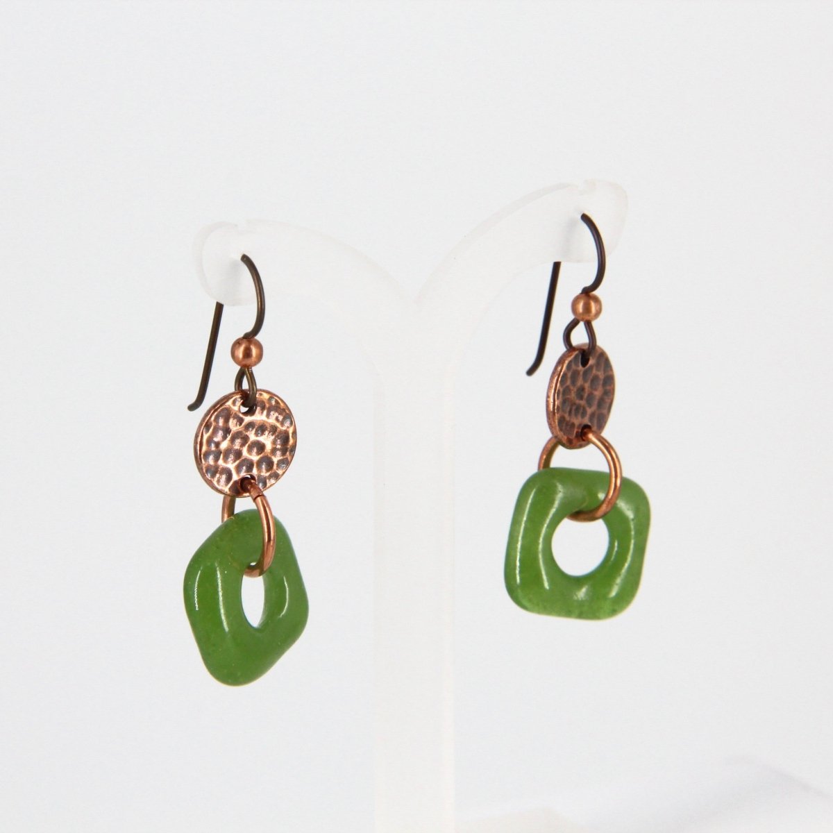 Recycled Green Glass Dangle Earrings With Copper Charms